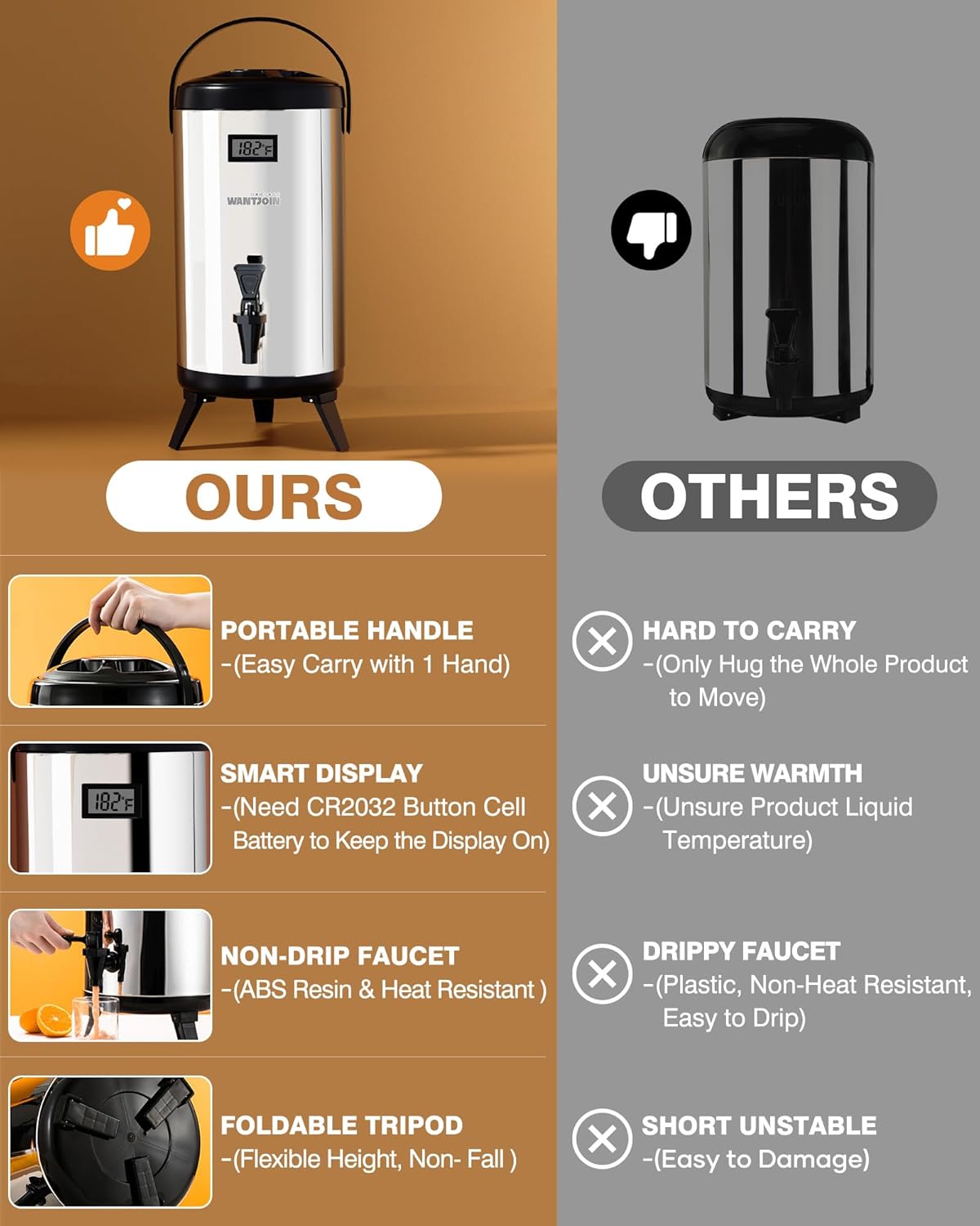 WantJoin Insulated Beverage Dispenser-75 Cup Hot&Cold water Urn for Catering-Stainless Steel Premium 12 L/3.2 Gallon Hot Drink Dispenser with Spigot for Coffee & Hot tea,Cold Milk,Water,Juice(Silver)