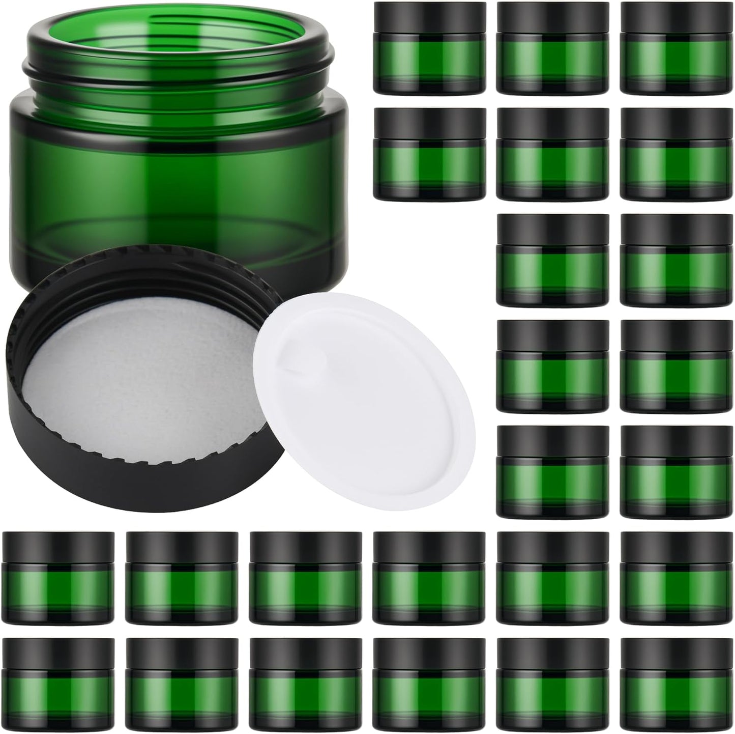Glass Jars with Lids,Eco-Friendly Cosmetic Containers with Airtight Black Lids & Liners, Multi-Color Options for Cream, Lotion, Body Butter, DIY Skincare Travel Jars (Green, 2oz)