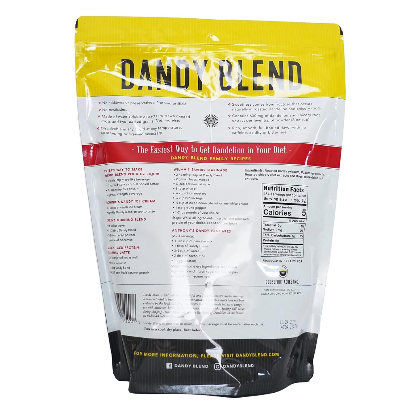 454 Cup Bag of Original Dandy Blend Instant Herbal Beverage with Dandelion, 32 oz. (2 pounds 908g) Bag