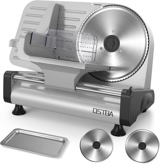 OSTBA Electric Meat Slicer with 200W DC Motor, 2 Removable 8.7” Stainless Steel Blades, Adjustable Thickness 0–15mm, Food Tray & Hand Grip, Deli Food Slicer for Meat, Cheese, Bread, Vegetables