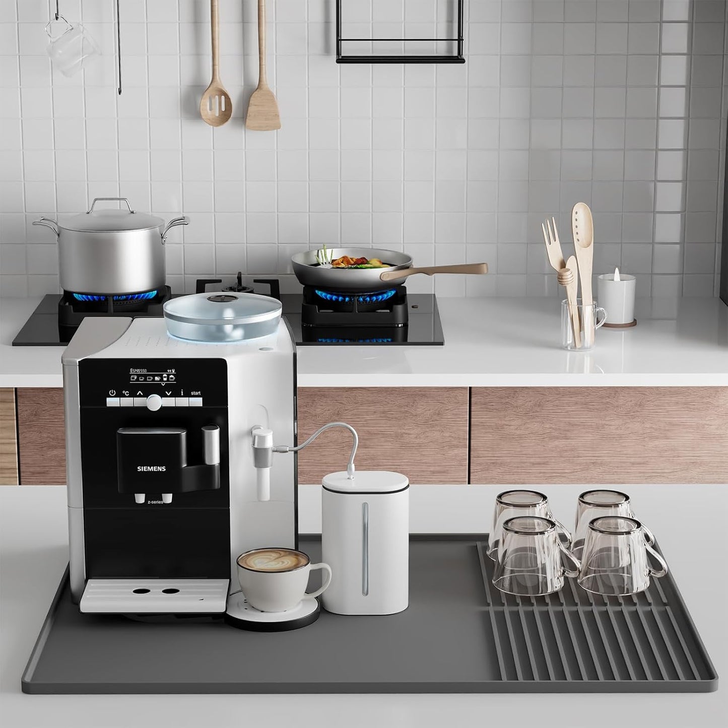 Silicone Coffee Mat with Raised Edges, 24'' x 16'' Bar Mat for Countertops, Fits Under Coffee Maker, Espresso Machine, Dish Drying Mat, Gray