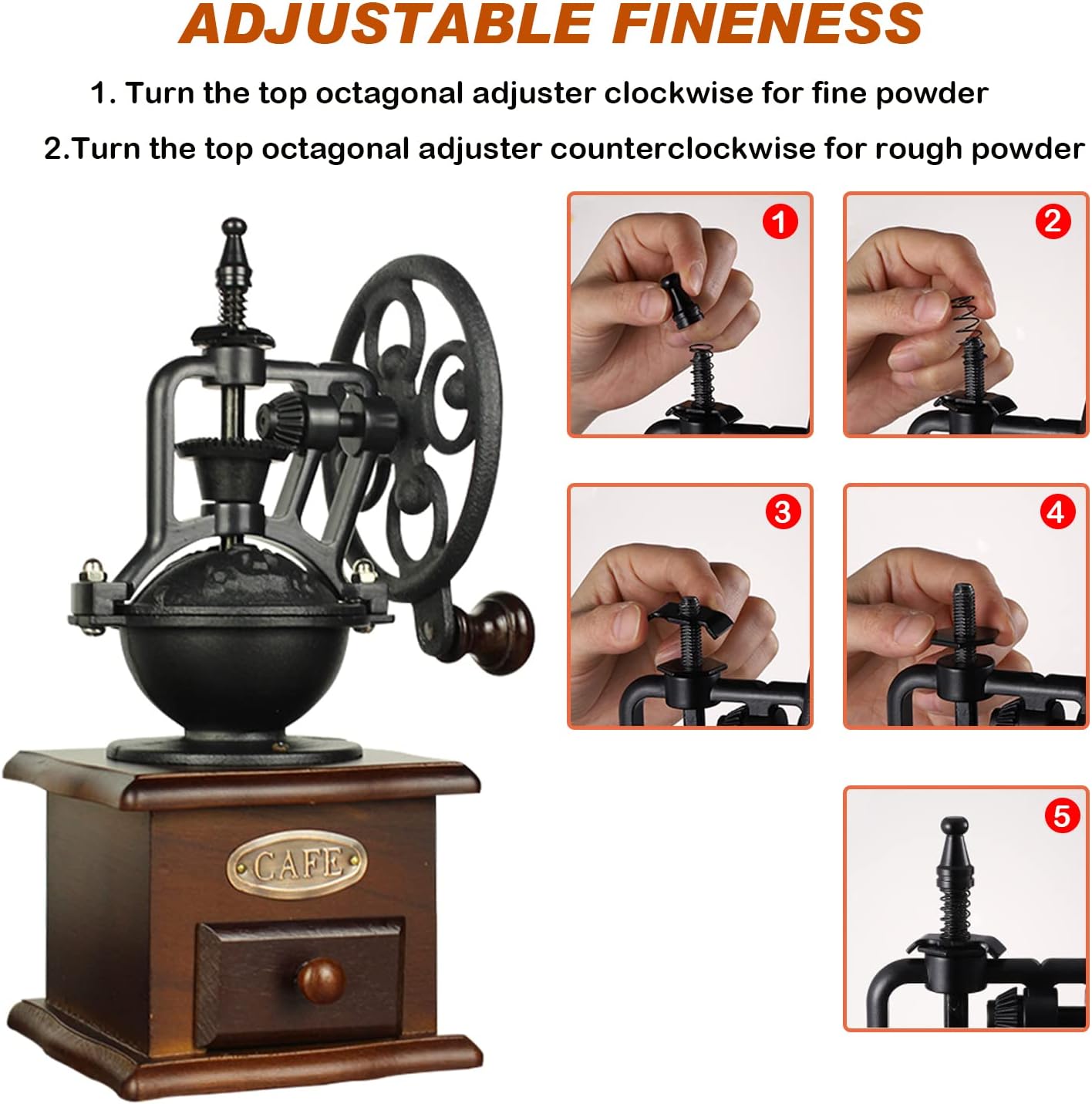 Burr Coffee Grinder, Vintage Style Wooden Hand Grinder, Classic French Press Coffee Mill With Brush