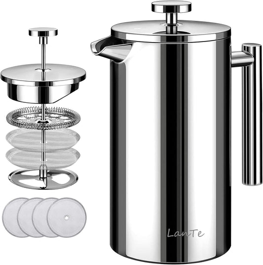 French Press Coffee Maker, 1.5L Double Insulated 304 Stainless Steel Tea Maker 4 Level Filtration System, No Coffee Grounds, Rust-Free, Dishwasher Safe 50oz Coffee Press for Family Party