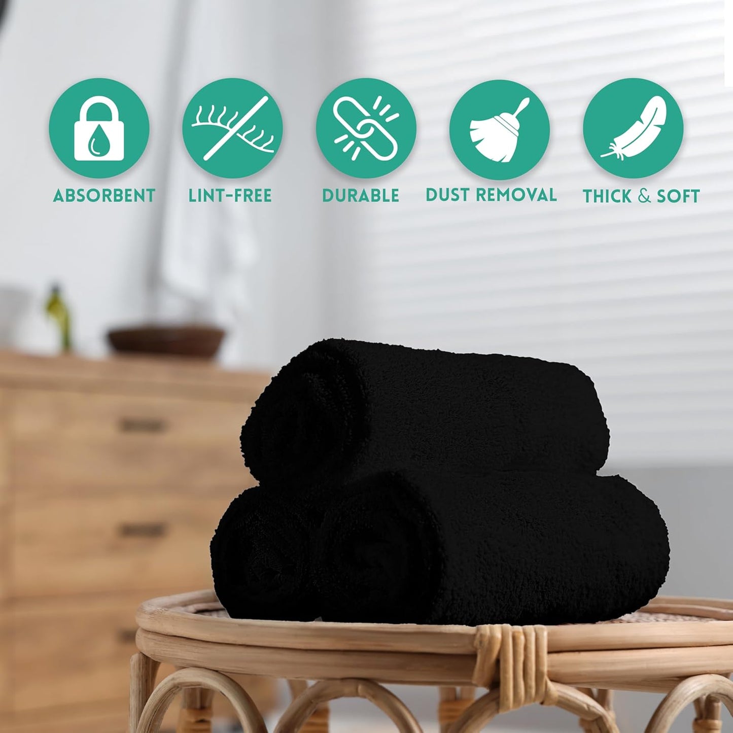 ZUPERIA 100% Cotton Terry Towels Cleaning Cloths, Pack of 50 (12" x 12") Multipurpose, Highly Absorbent, Reusable Cotton Rags, Bar Towels & Cleaning Rags for Everyday Usage (Black)