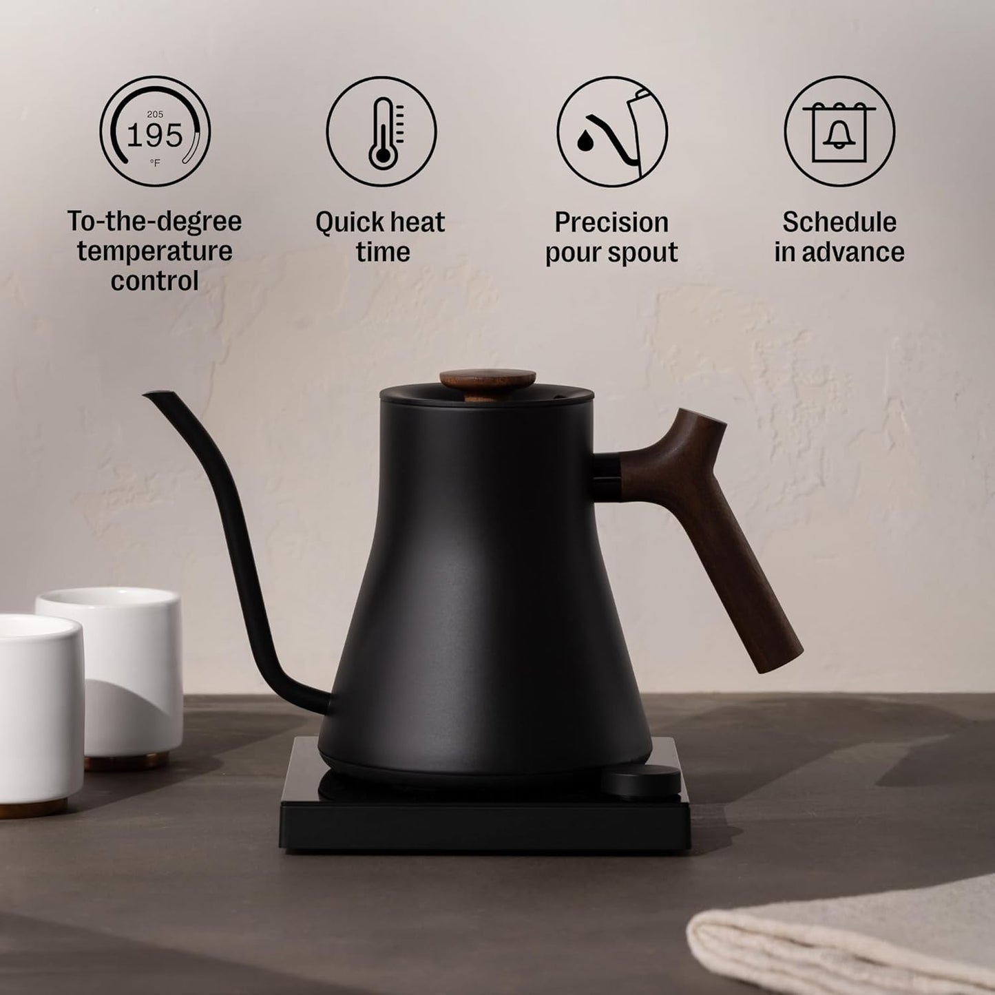 Fellow Stagg EKG Pro Studio Edition Electric Gooseneck Kettle - Pour-Over Coffee, Tea, Quick Heating, Precise Temperature Control, Scheduling, Built-in Brew Timer-Matte Black with Walnut Handle, 0.9 L