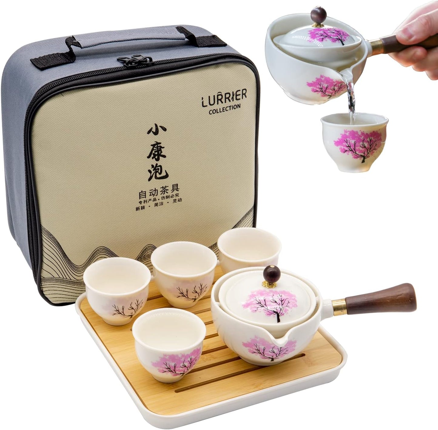 LURRIER Porcelain Chinese Gongfu Tea Set,Portable Teapot Set with 360 Rotation Tea maker and Infuser,Portable All in One Gift Bag for Travel,Home,Gifting,Outdoor and Office (Sakura)