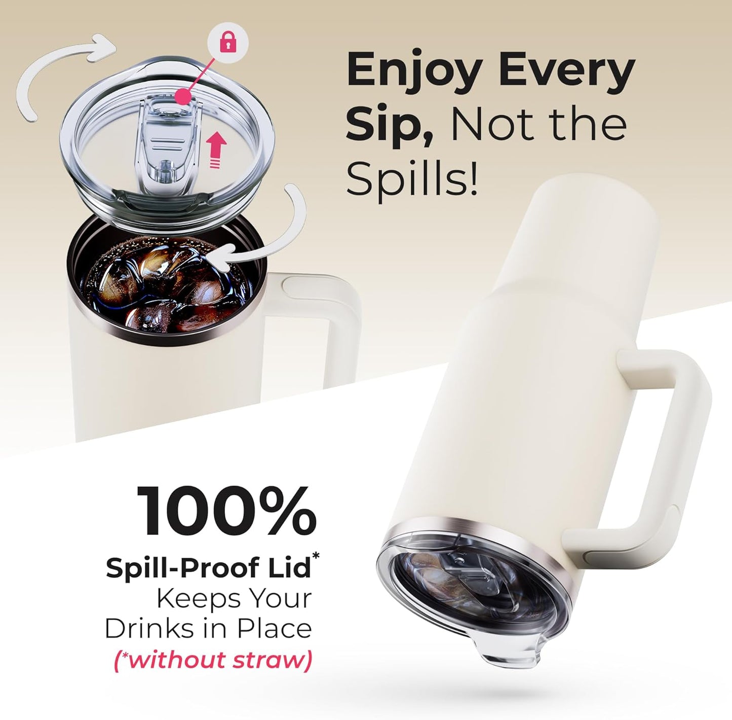 40 oz Tumbler With Handle and Straw Made of Stainless Steel - Double Wall Vacuum Insulated Tumbler With Lid - Sweat Proof Easy Grip, BPA-Free, Dishwasher Safe Tumbler (Cream)