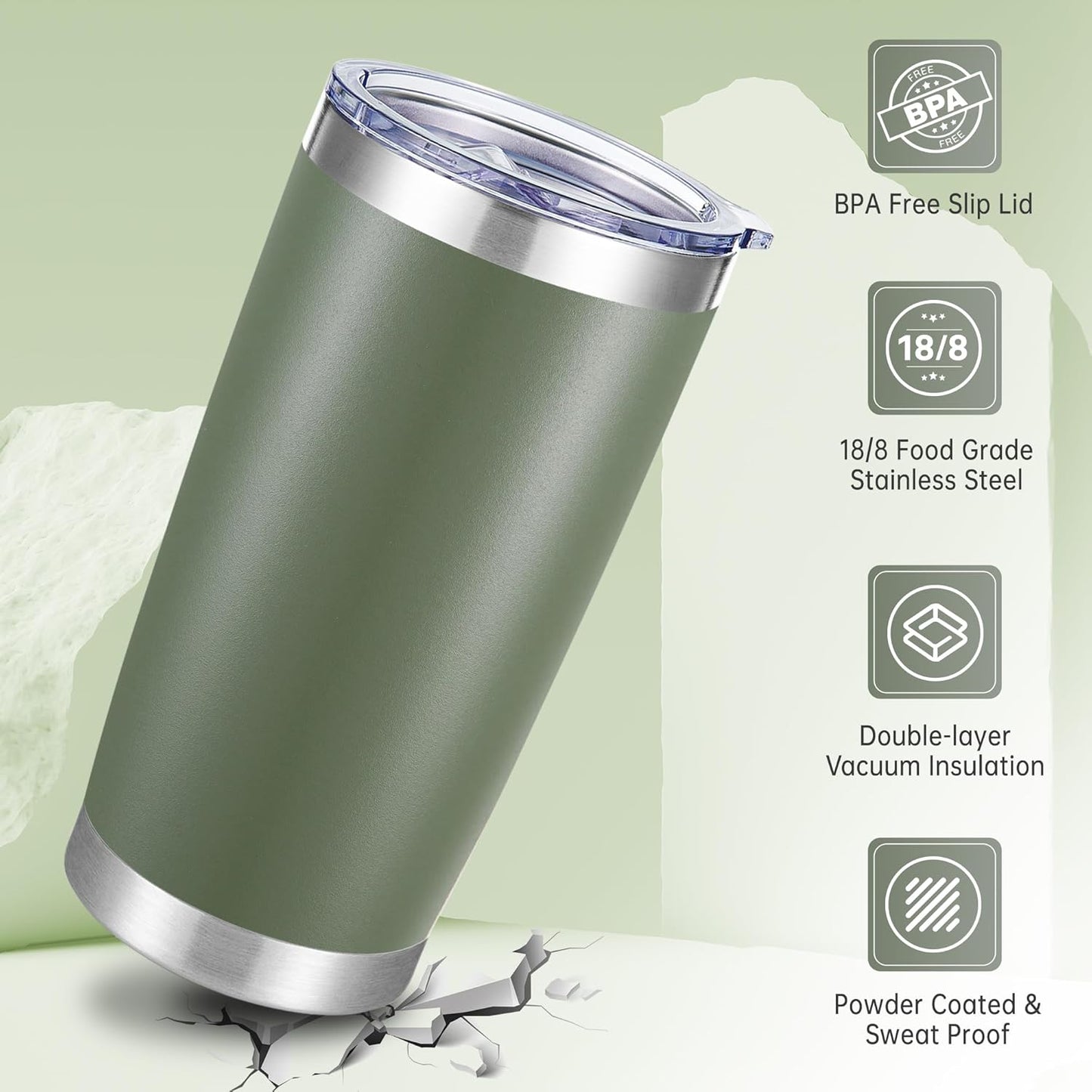 20 oz Tumblers Bulk Stainless Steel Tumbler with Lid Double Wall Vacuum Insulated Coffee Mug 20oz Powder Coated Cup for Hot and Cold Drinks, Army Green, 12 pack