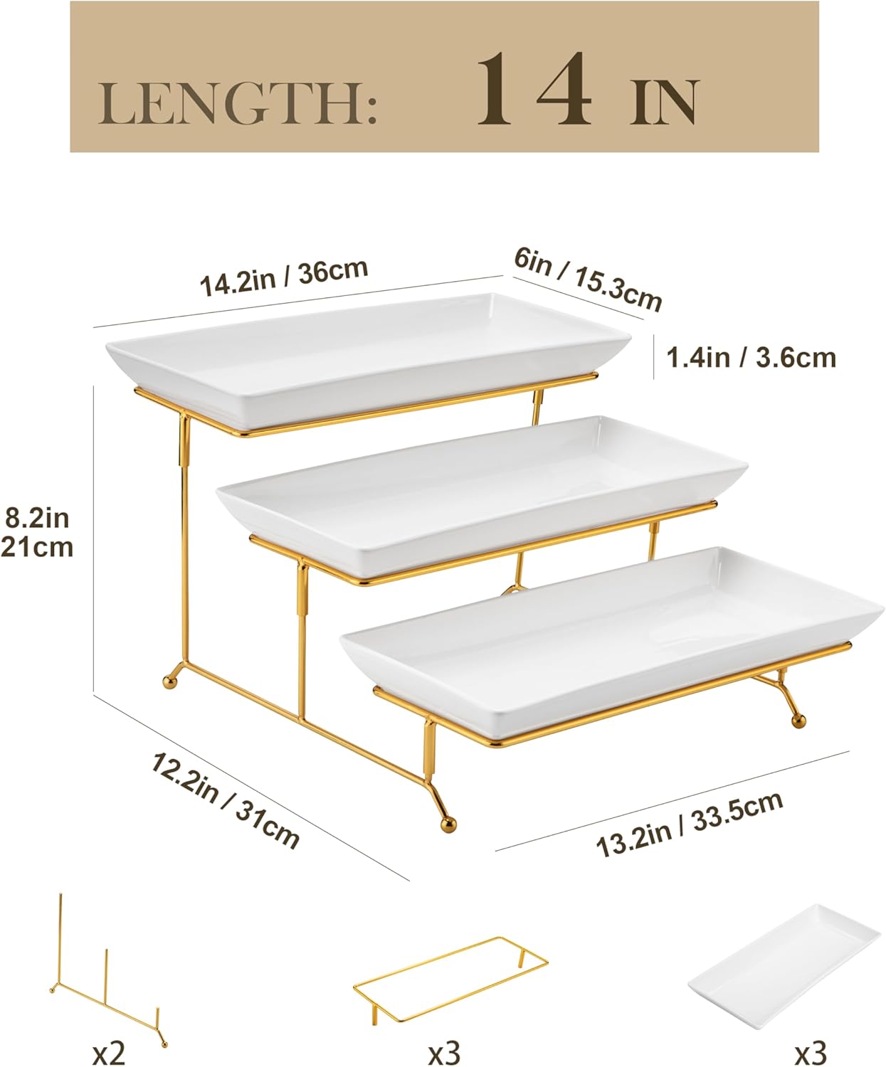 MALACASA 3 Tier Serving Trays for Party, 14 Inch Porcelain White Trays for Serving Food, Dessert Stand with Collapsible Gold Metal Rack