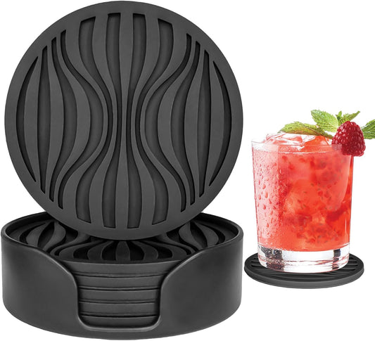 6 Pack Rubber Drink Coasters,Coasters for Drink with Holder,Silicone Cup Mat Non-Stick,Non-Slip,Thickened Live for Hot or Cold Drink-Pure Black