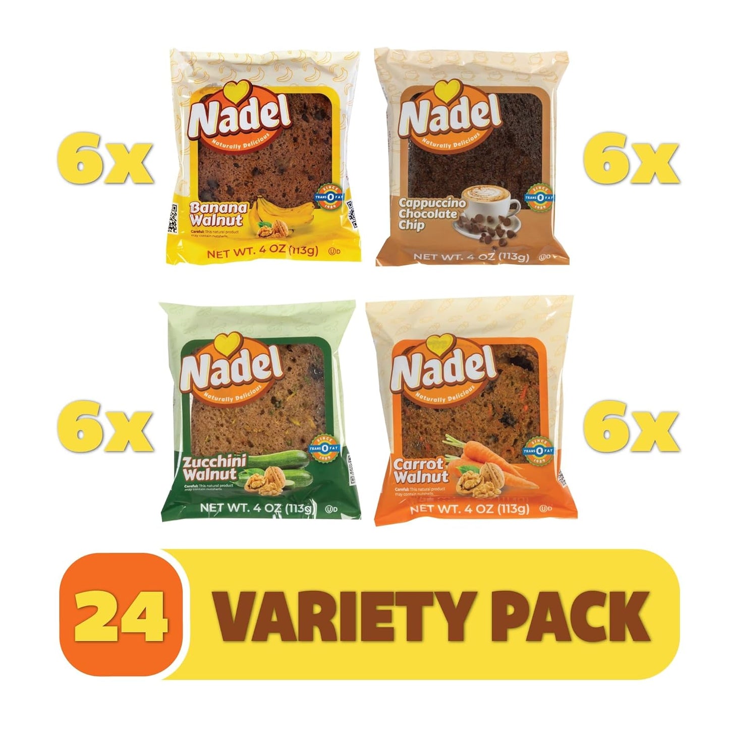 Nadel - Naturally Delicious Sweet Breads Variety Pack (Banana Walnut, Cappuccino Chocolate Chip, Carrot Walnut, Zucchini Walnut). (24 Pack, 6 Breads Per Flavor)