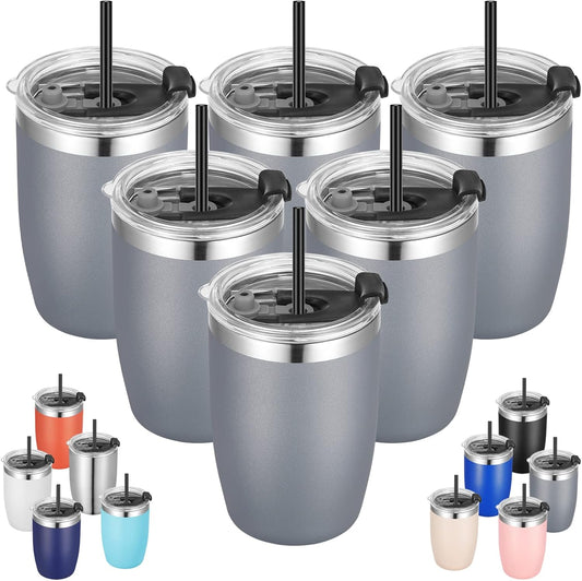 VEGOND Stainless Steel 12 oz Tumblers bulk Vacuum Insulated Double Wall Travel Tumbler with Lid and Straw Reusable Tumbler, Grey 6 pack