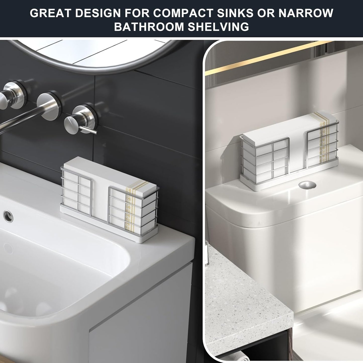 Wican Vertical Stance Bathroom Napkin Holder Takes Up Less Space for Small Guest Bathroom Oak and Iron Towel Tray for Powder Room Wooden Basket for Disposable Paper Hand Towels Silver and Matte White