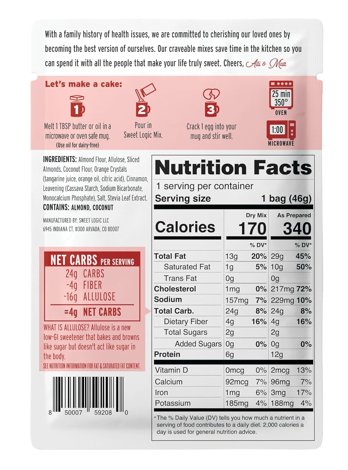 Sweet Logic Keto Dessert Mug Cake Mixes - Orange Almond - Low Sugar - Gluten-Free - Low Carb - Diabetic-Friendly Sweets - Natural Ingredients - High Protein - Delicious Keto Treats (4 Pack)