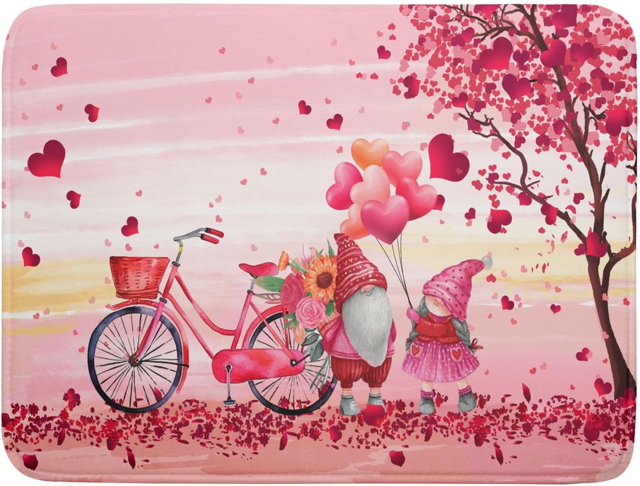 Pink Heart Valentine's Day Gnomes Dish Drying Mat for Kitchen Counter,Pink Bicycle Love Tree Drying Mat 18 x 24 Inch with Absorbent Reversible Microfiber Dish Drying Pad Dish Rack Pad for Coffee Bar