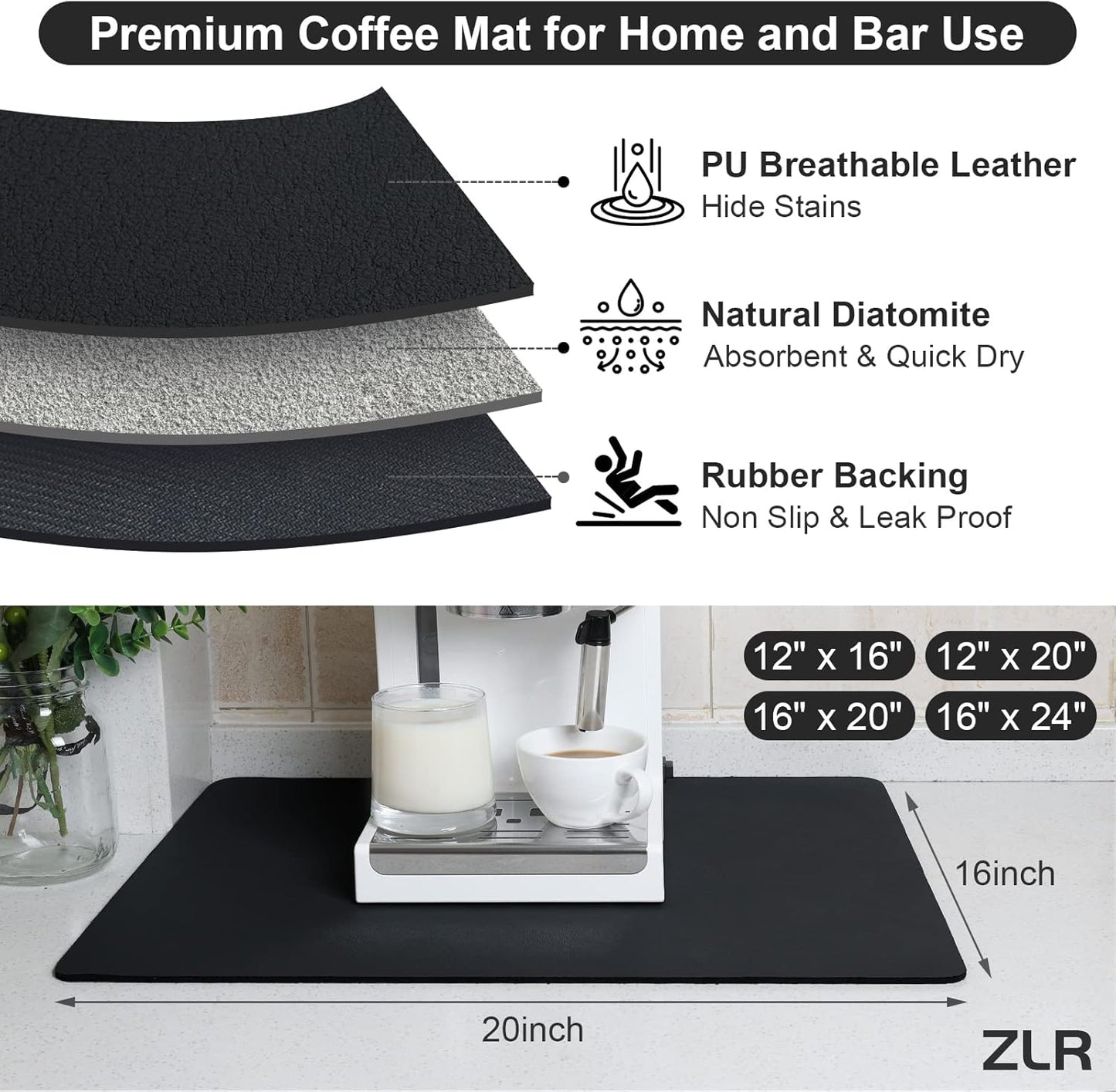 ZLR Coffee Mat - 16" x 20" Large Kitchen Hide Stain Absorbent Dish Drying Mat for Countertop - Easy to Clean Coffee Bar Mat for Espresso Machine and Spill Protection - Black