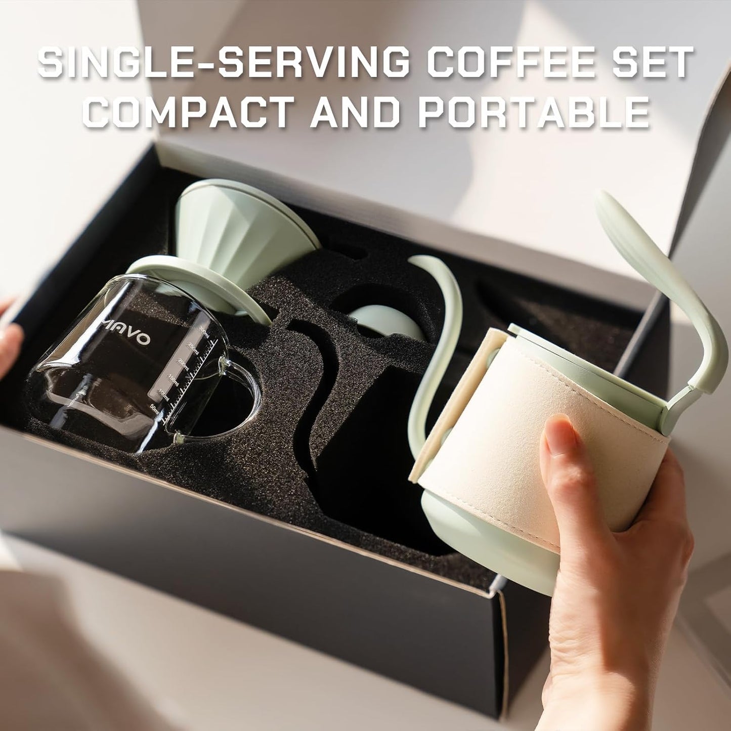 Pour Over Coffee Maker Set, Pour Over Kettle, Coffee Dripper, Glass Coffee Server with Scale, Stainless Steel Filter (Green)