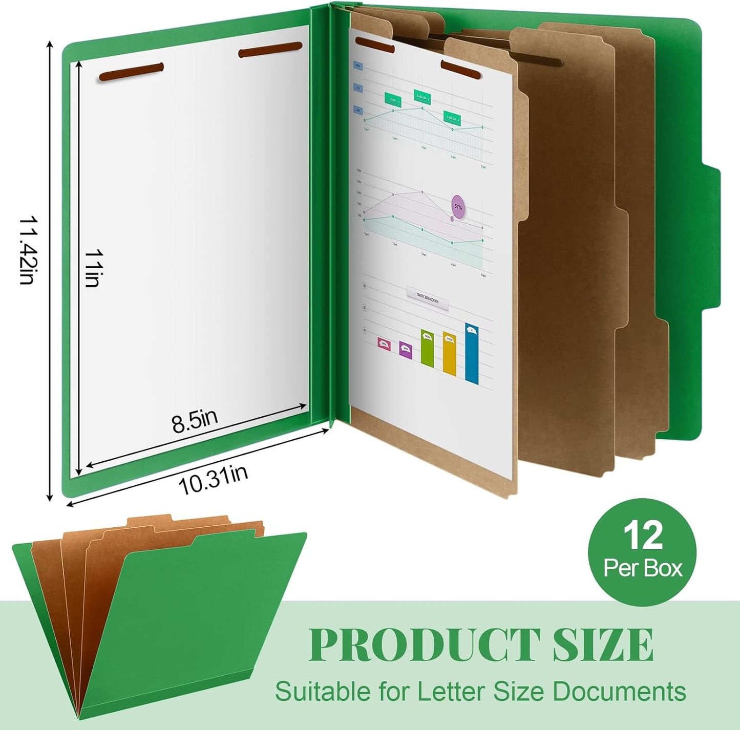 12 Pcs Classification Folders Letter Size, Back to School Supply for Teacher, Student, 3 Dividers Pressboard File Folder Bulk with 2 Fasteners, 3.5 Inch Expanding File Organizer (Green)