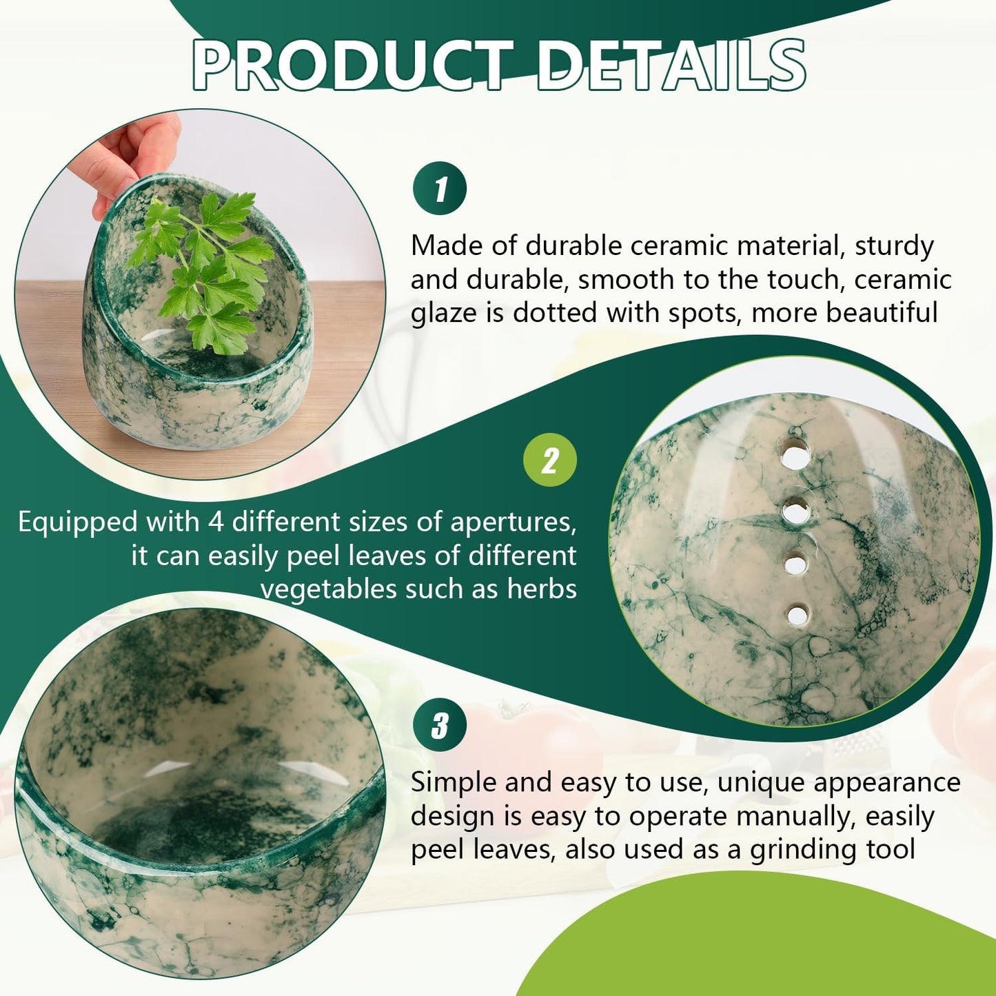 Pottery Herb Stripper Bowl, Handmade Ceramic Herb Peeling Bowl, for Separating Leaves and Stems (Green)