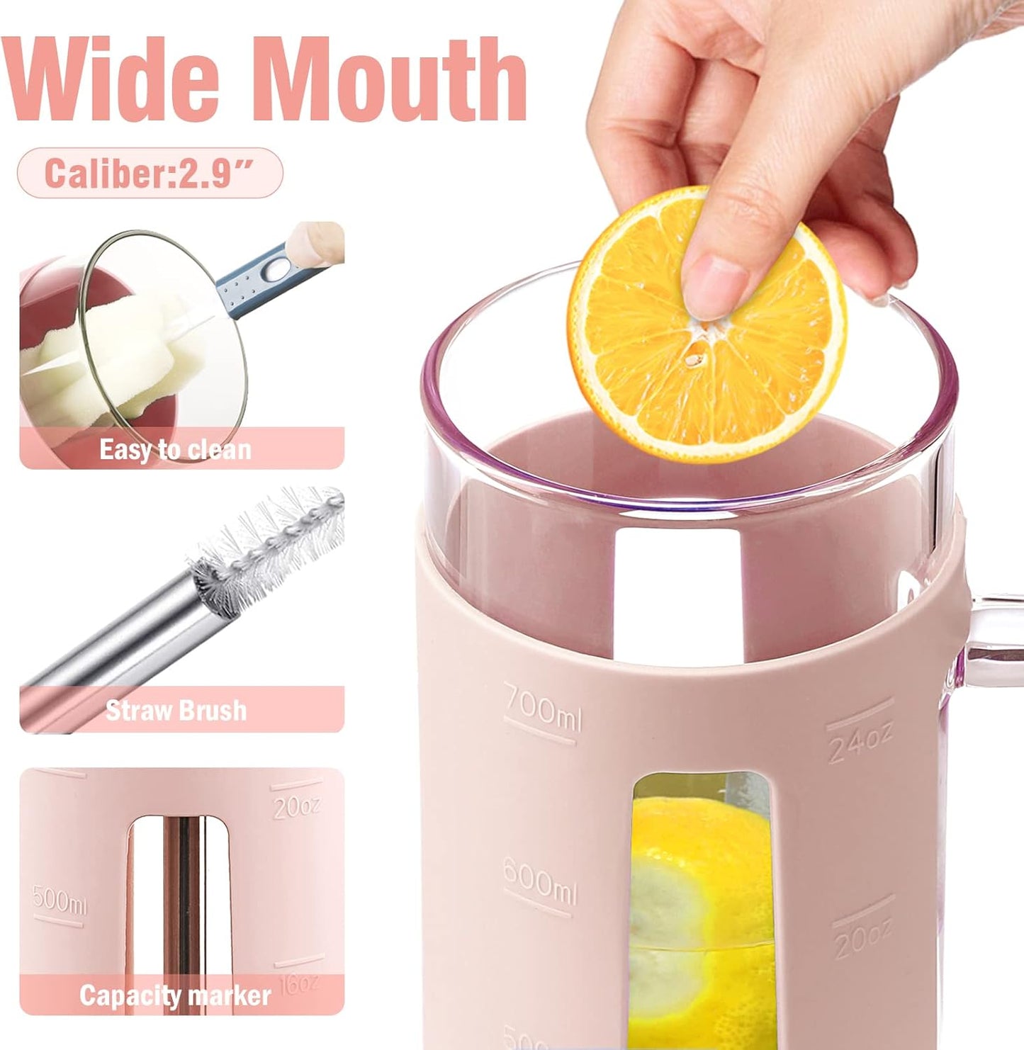 Kodrine Glass Tumbler with Lid and Straw, 24 oz, Iced Coffee Cup Boba Smoothie Cup, Home Office Tumblers, Pink