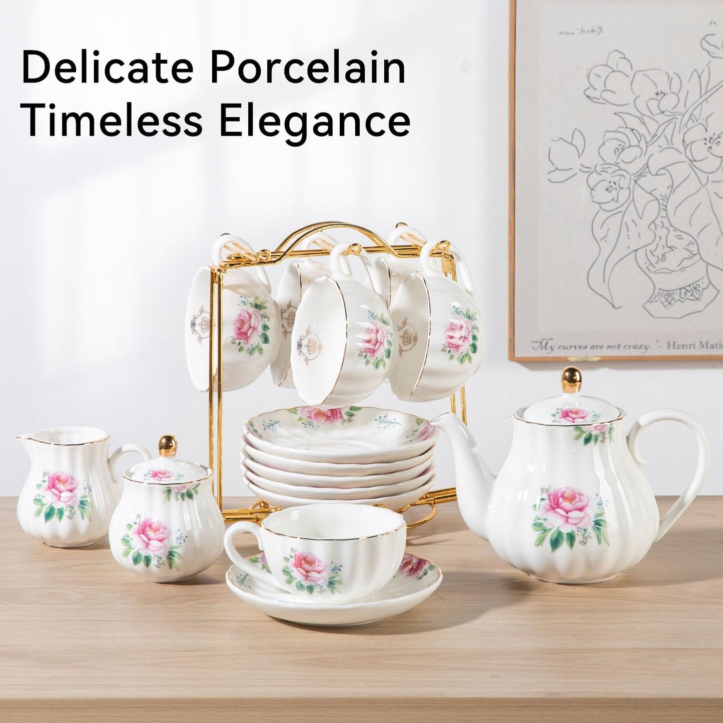 Porcelain Tea Sets British Royal Series, 8 OZ Cups & Saucer Service for 6, with Teapot Sugar Bowl Cream Pitcher Teaspoons and Tea Strainer, Suitable for High Tea, Wedding, Party(Blush Pink)