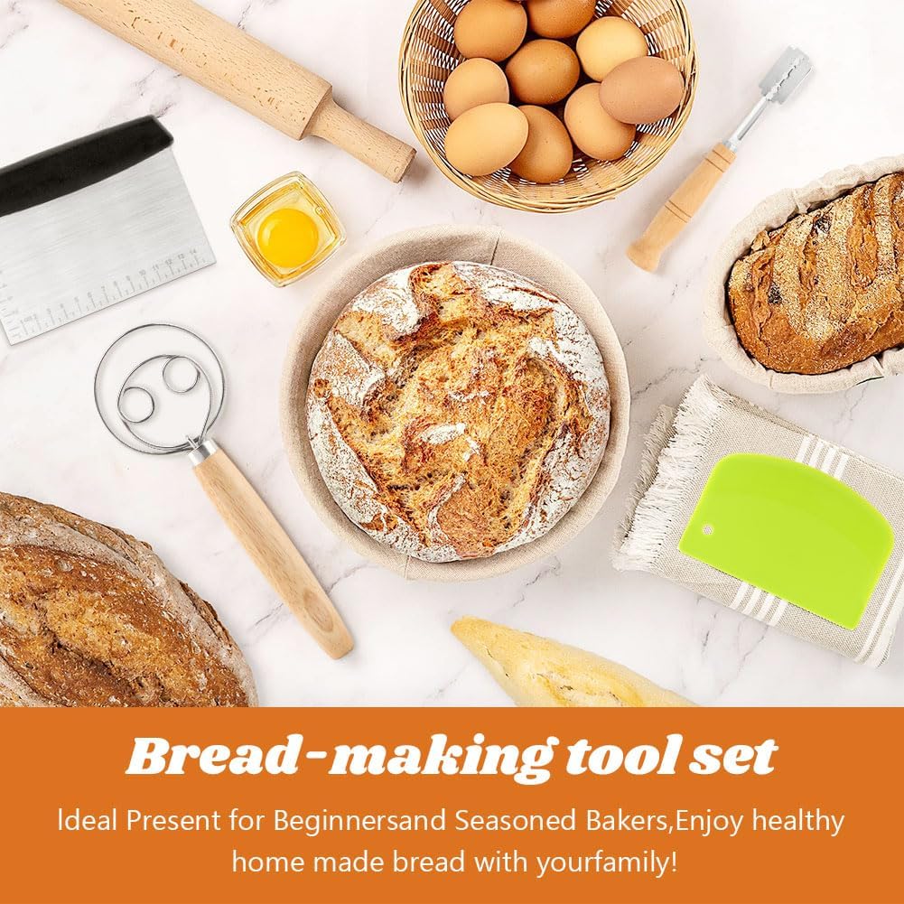 Danish Dough Whisk with Sourdough Scoring Tool, Bread Making Tools Baking Supplies, Dough Hook Dutch Whisk, Bread Lame, Bench Scraper & Pastry Brush, Set of 6(6pcs,COLOR:silver)