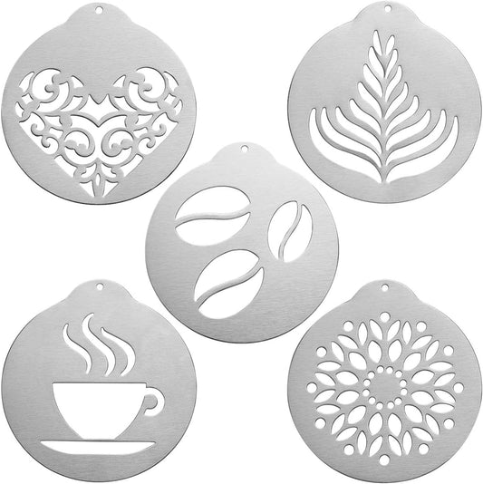 Coffee Decorating Stencils, 5Pcs Stainless Art Stencils Garland Mould Cappuccino Art Templates for Mousse, Cup Cake, Birthday Cake, Coffee, Hot Chocolate