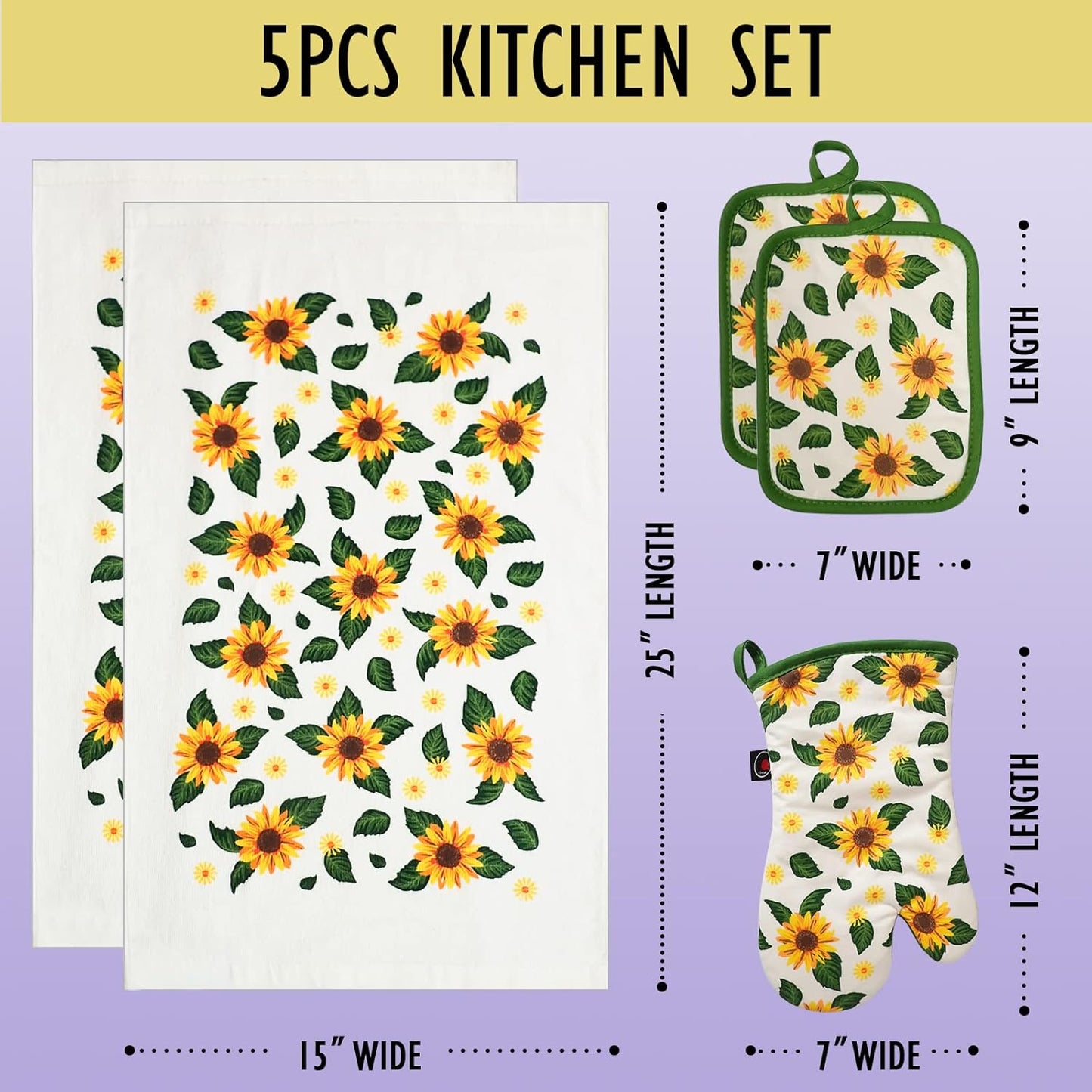 Oven Mitts and Potholders Dish Towles Set 100% Cotton for Perfect for Gifting, Baking and Everyday Cooking Durable Heat Resistant for Kitchen (5-Piece Sunflower)