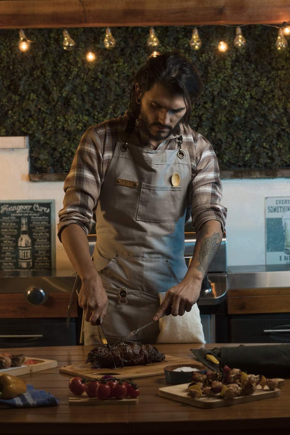 Asaya Chef and BBQ Apron with Bottle Opener and Hand Towel - 10oz Cotton Canvas, Stainless Steel Hardware - Cross Back Straps