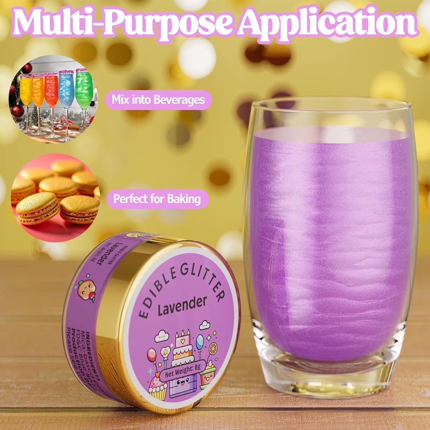 Nomeca Edible Glitter for Drinks Cakes, 8 grams Food Grade Luster Dust Sprinkles Glitter for Cake Decorations, DIY Cocktails, Beverages & Cake Decorating, Dessert Cake Topper (10-Lavender)