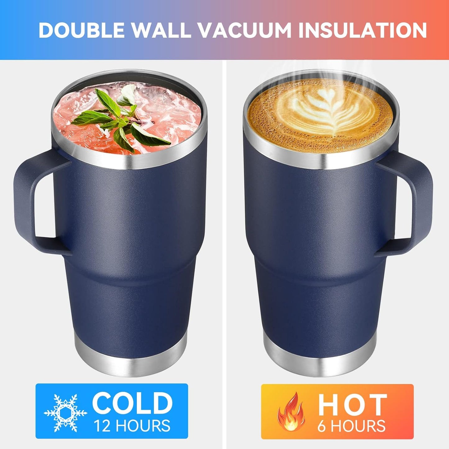 VEGOND 20 oz Tumbler Bulk with Handle Lid and Straw, Stainless Steel Insulated Travel Coffee Mug Set, Spill Proof Double Wall Metal Tumblers Cups, Powder Color Navy Blue 12 Pack