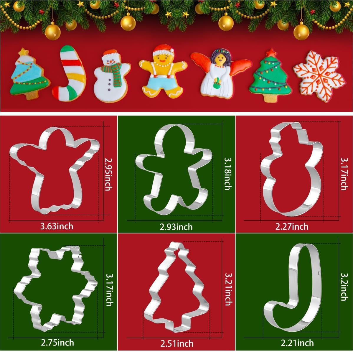Christmas Cookie Cutter Set - 6 Pieces Christmas Cookie Cutter Shapes, Stainless Steel Cookie Cutters - Gingerbread Man, Snowflake, Christmas Tree, Angel, Snow Man,Candy Cane for Holiday