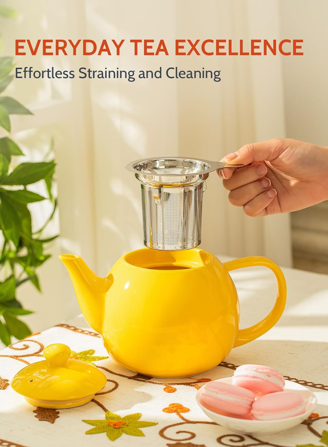 Sweese Teapot, Porcelain Tea Pot with Stainless Steel Infuser, Blooming & Loose Leaf Teapot - 27 ounce, Yellow