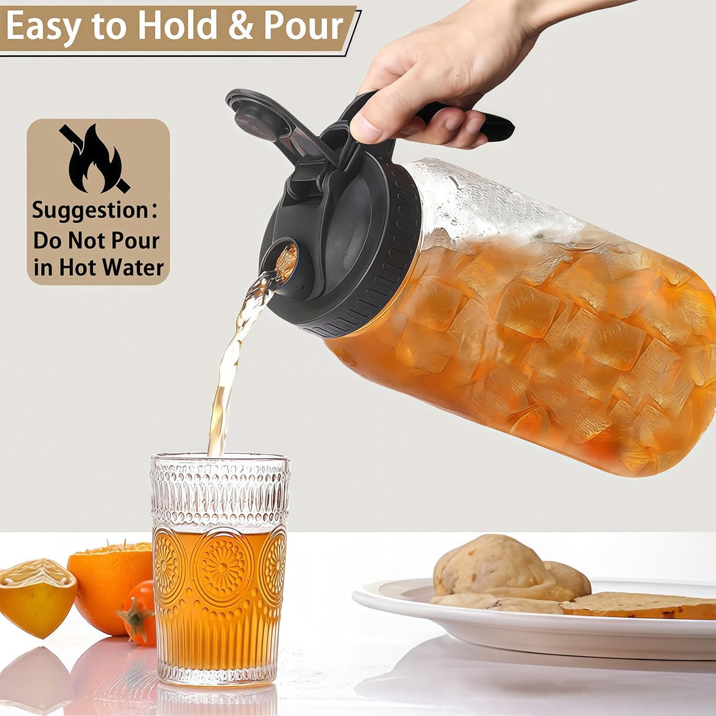 64oz Glass Pitcher with Handle and Lid, 2 Quart Mason Jar Pitcher - Airtight & Leakproof Water Jug with Pour Spout Lid, Glass Containers for Fridge, Perfect for Juice, Cold Brew, Iced & Sun Tea