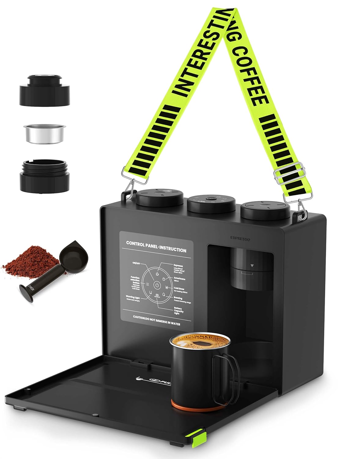 Candy™ Portable Espresso Coffee Maker with Strap for Travel, 3 in 1 One-Touch Operation, Rechargeable Up to 60 Cups(Cold), for Ground, Ideal for Camping, RV & Outdoor Use, Fast Heating in Plug-in Mode
