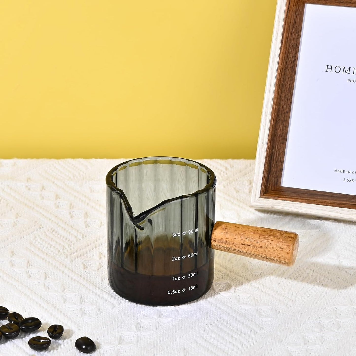 Glass Measuring Cup, 3oz Espresso Shot Glass with Wood Handle, Single Spout Measuring Cups Pitcher Milk Cup Coffee Shot Glasses (Gray Ribbed)
