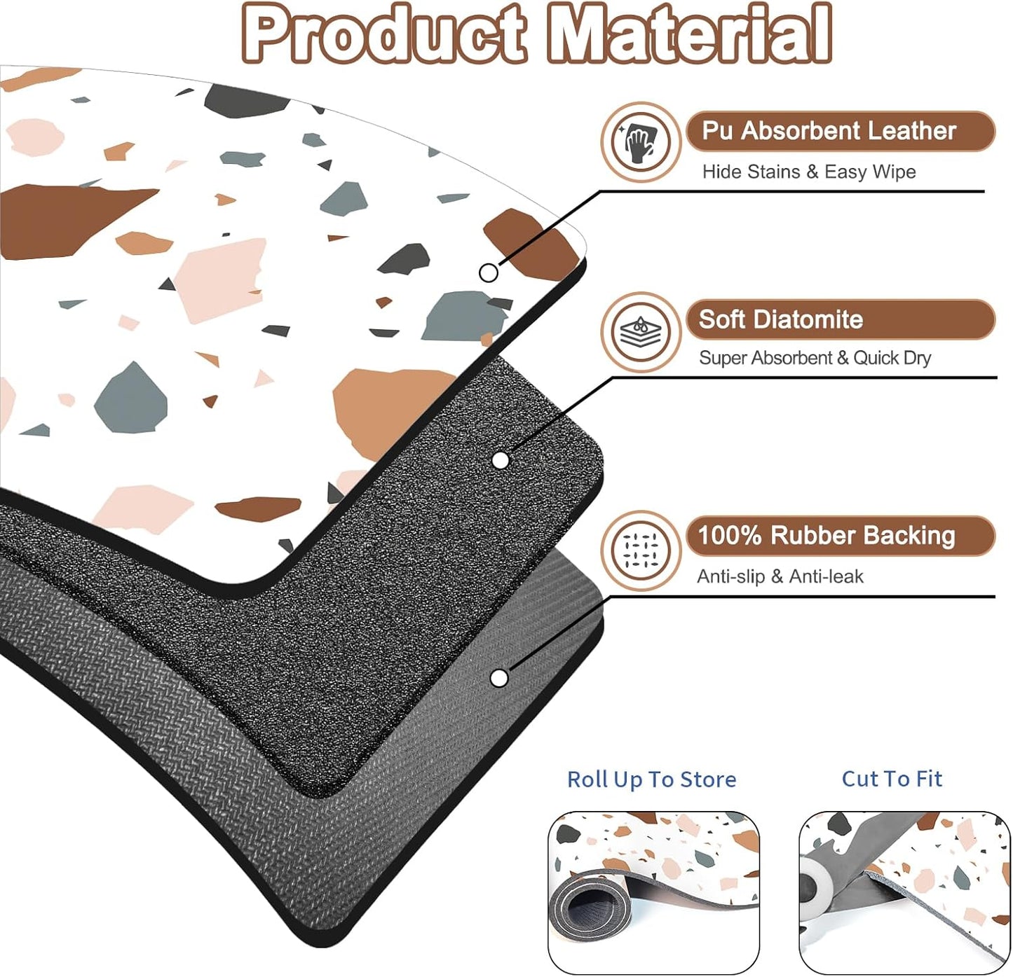 Coffee Bar Mat for Countertop, 17" X 28” Super Absorbent Dish Drying Mat, Large Kitchen Counter Mats Fits Under Coffee Maker, Non-slip Espresso Machine Pad, Terrazzo