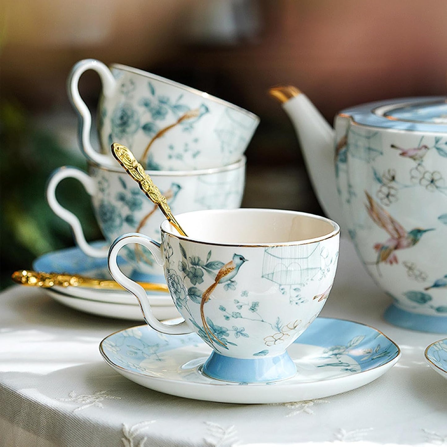 Bone China Tea Set, Porcelain Tea Sets for Adults, Blue and White Bone China Tea Cup Set for 6, Vintage Tea Sets for Women Tea Party