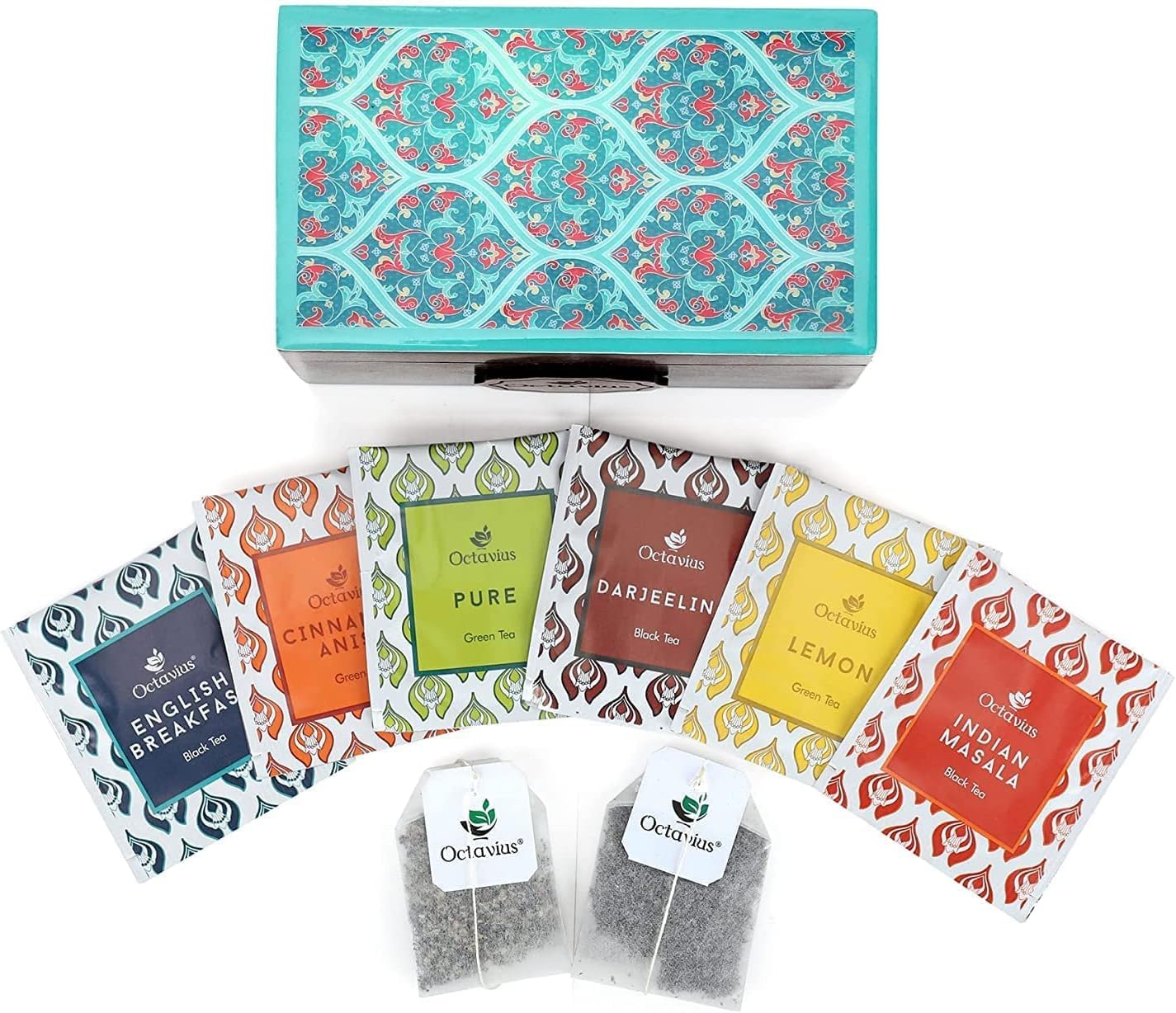 Octavius Assorted Tea Gift Set | 6 Assorted Black & Green Teas | 30 Teabags | Wooden Tea Sampler Pack w/Ornate Floral Design | Pack of 2 | Mothers Day Tea Gift Box