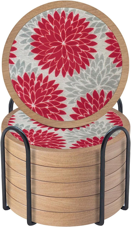 Wood Coasters Set of 6 with Holder, Cewiru Cup Mat for Drinks, Absorbent Coasters with Felt Insert for Coffee Table Protection, Modern Style Home Dining Table Decor, 4.3" Red