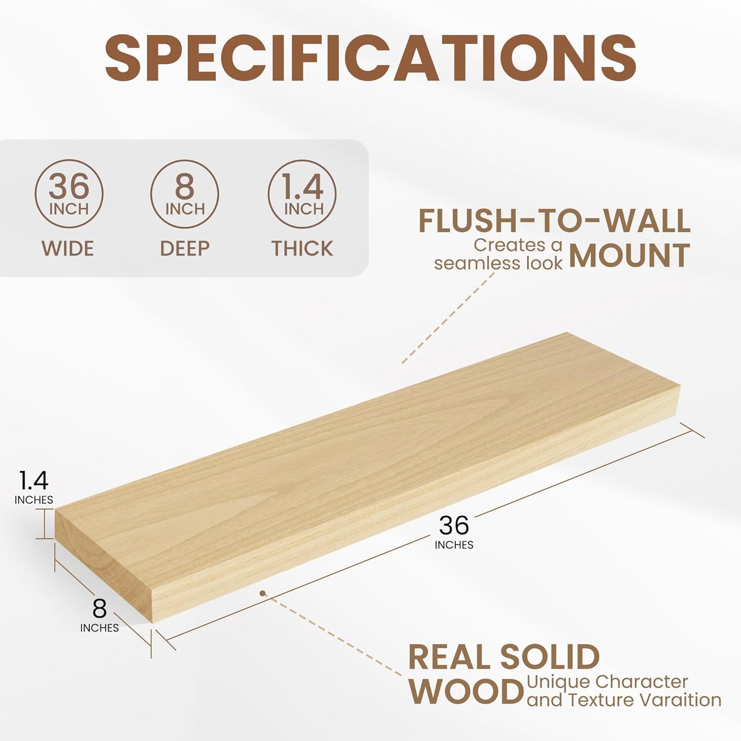 Fun Memories Rustic Real Wood Floating Shelves, 8 Inch Deep Floating Shelf Wall Mounted, 36" W x 8" D Wall Shelves Storage Shelves for Living Room, Bedroom, Bathroom, Burlywood, Set of 2