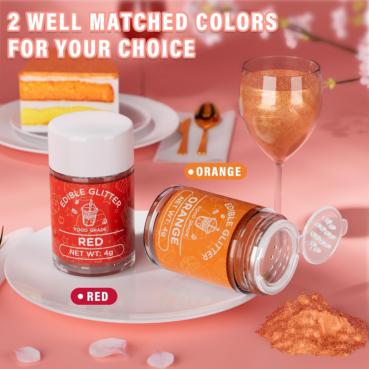 Cherrysea Edible Glitter for Drinks Cocktails Food Grade Edible Drink Shimmer Powder for DIY Champagne Beverages Wine 2 Colors Vegan Edible Luster Dust Set 4g/Bottle Gluten Free - Orange+Red