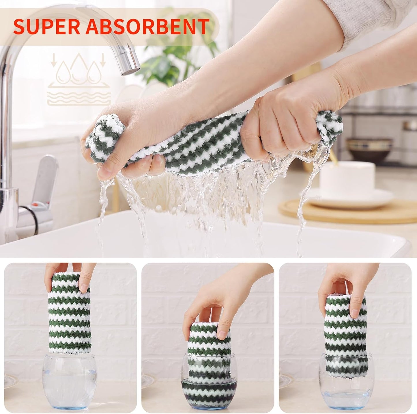 Homaxy 18 Pack Kitchen Dish Cloths, Ultra Soft and Absorbent Dish Towels, Reusable Fast Drying Microfiber Cleaning Cloth, Coral Velvet Wave Design No-lint,10 x 10 inches, Grass Green