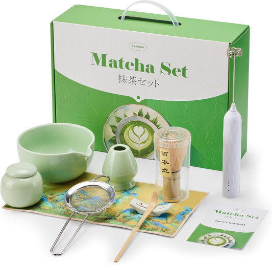 Matcha Whisk Set,9 Pcs Japanese Matcha Set Pink, Matcha Kit with Sifter, Matcha Tea Cloth, Matcha Powder Canister, Electric Rechargeable Frother(Green)
