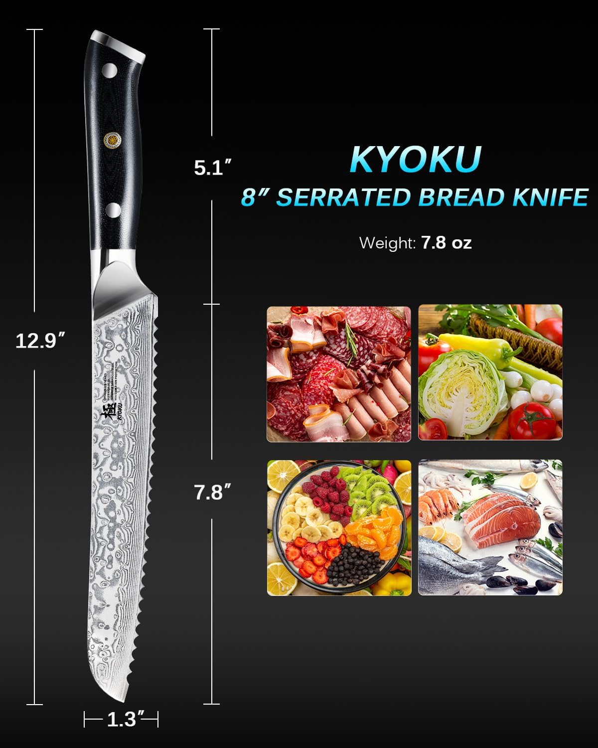 KYOKU 8" Serrated Bread Knife - Gin Series - VG10 Damascus Japanese Steel Kitchen Knife with Silver Ion Blade G10 Handle Mosaic Pin, Professional Razor-Sharp Bread Cutting Slicing