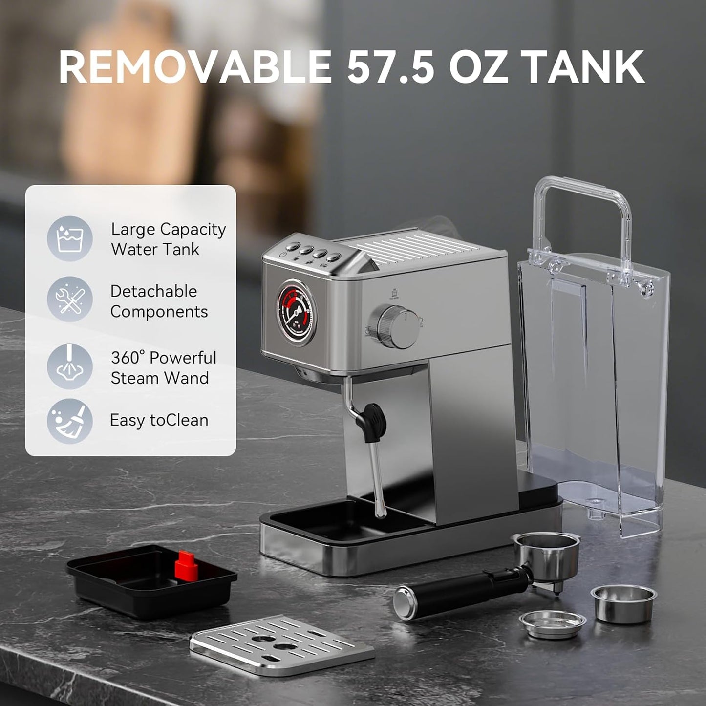 EM623 Espresso Machine 20 Bar with Steam Milk Frother, Stainless Steel Coffee Machine with Removable Water Tank for Cappuccino,Latte, Compact Stainless Steel Coffee maker for home,Great Gift