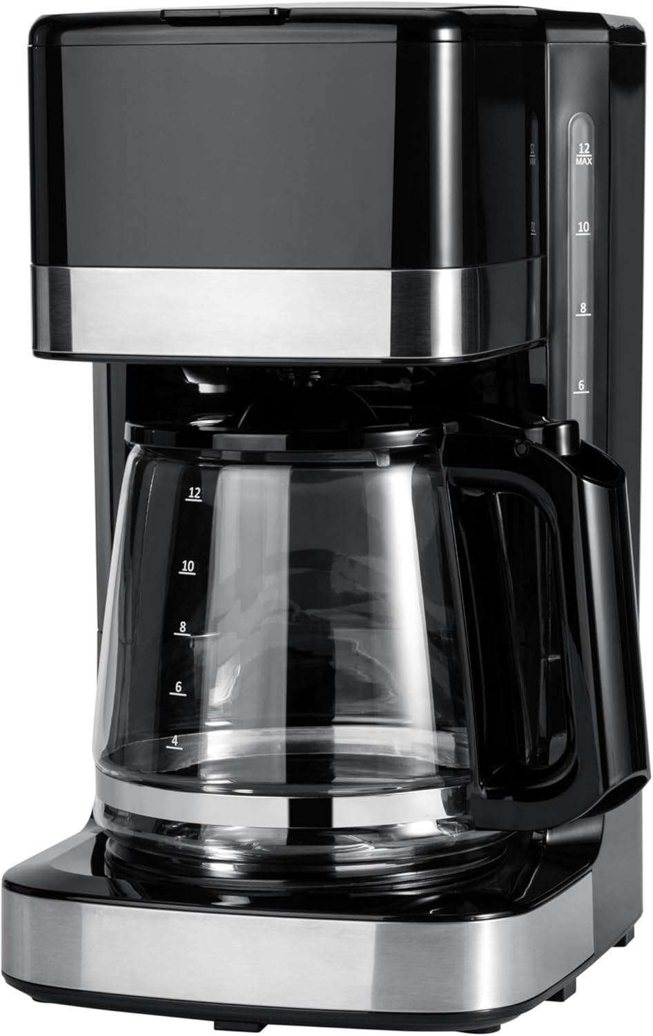 Amazon Basics 12 Cup Drip Coffee Maker, Coffee Machine with Glass Coffee Pot (1.9 Qt), Auto Shut-off, Auto Pause, Removable Filter Basket, Black & Silver