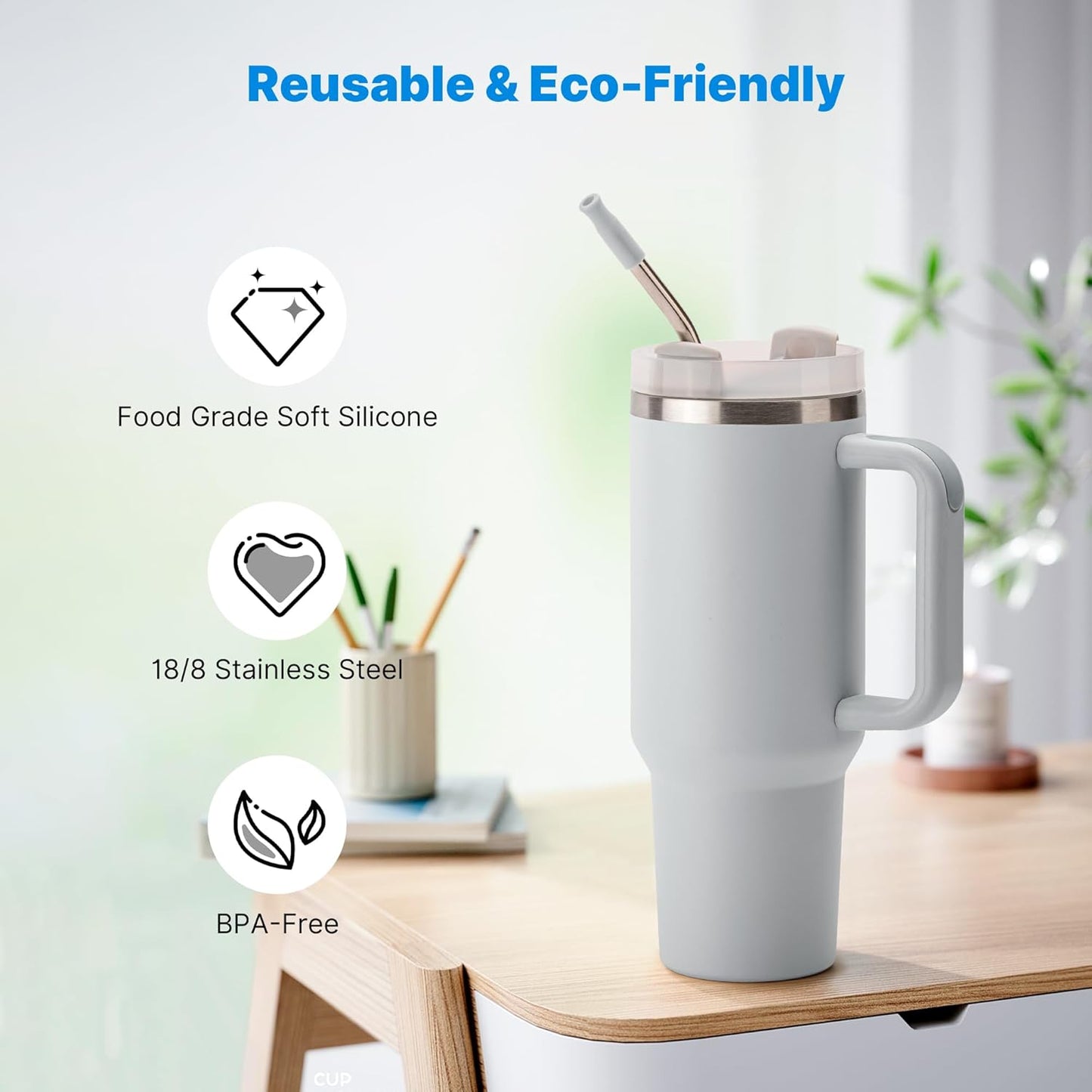 Repeatable Metal Straw with Silicone Tips for 30 oz Stanley Tumbler, 2 Pcs 30 oz Stainless Steel Straws Replacement for Stanley Tumbler, 1 Straw Brush, BPA Free（Light Gray）