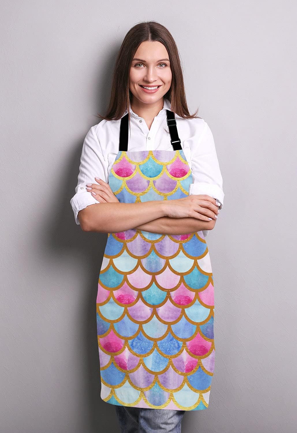 Mermaid scales Kitchen Cooking BBQ Chef Apron, Watercolor fish scales Apron for Men, Women - Dad Gifts, Gifts for Men - Birthday, Mothers Day Gifts for Mom, Wife, Husband, Brother, Friends
