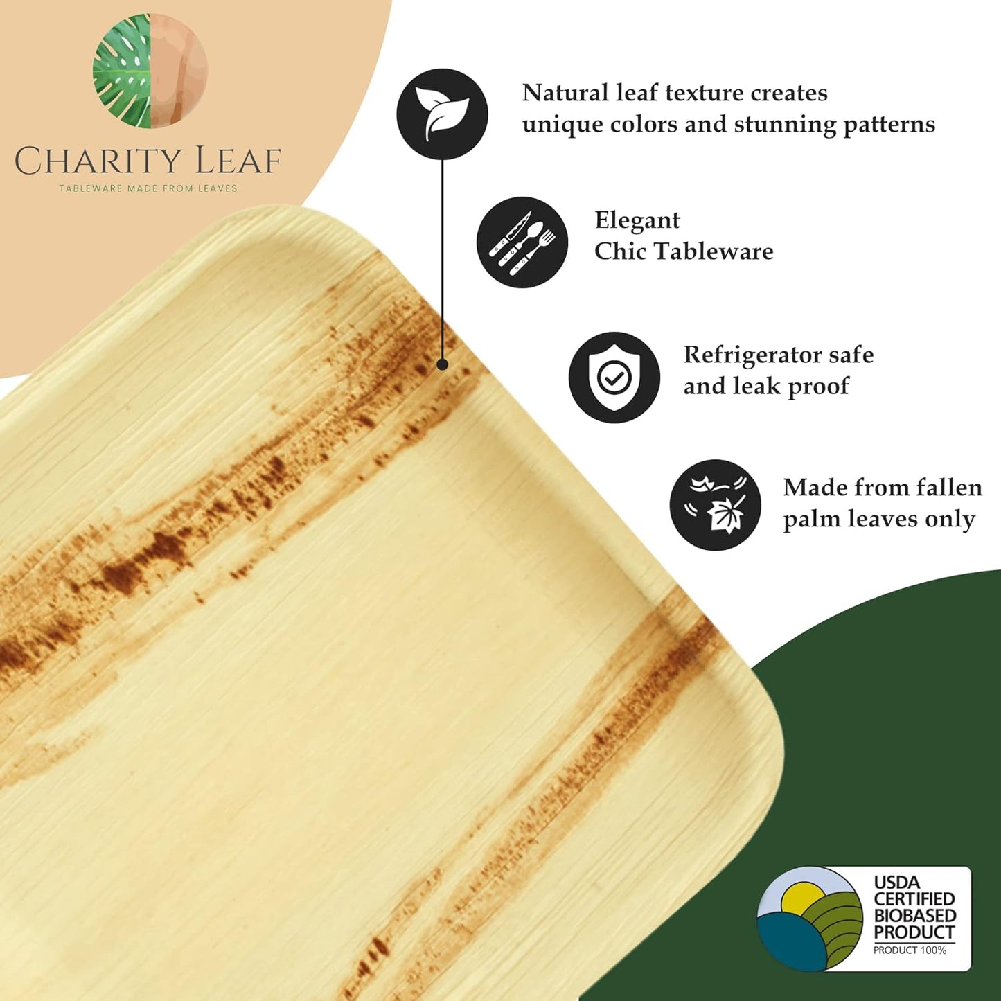 Charity Leaf Disposable Palm Leaf 15" x 10" Trays (25 pieces) Bamboo Like Serving Platters, Disposable Boards, Eco-Friendly Dinnerware For Weddings, Catering, Events
